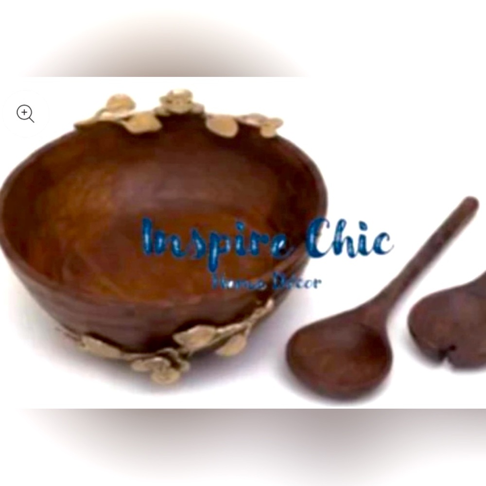 Wood Bowl With Gold Leaf Details & Serving Utensils (Set)